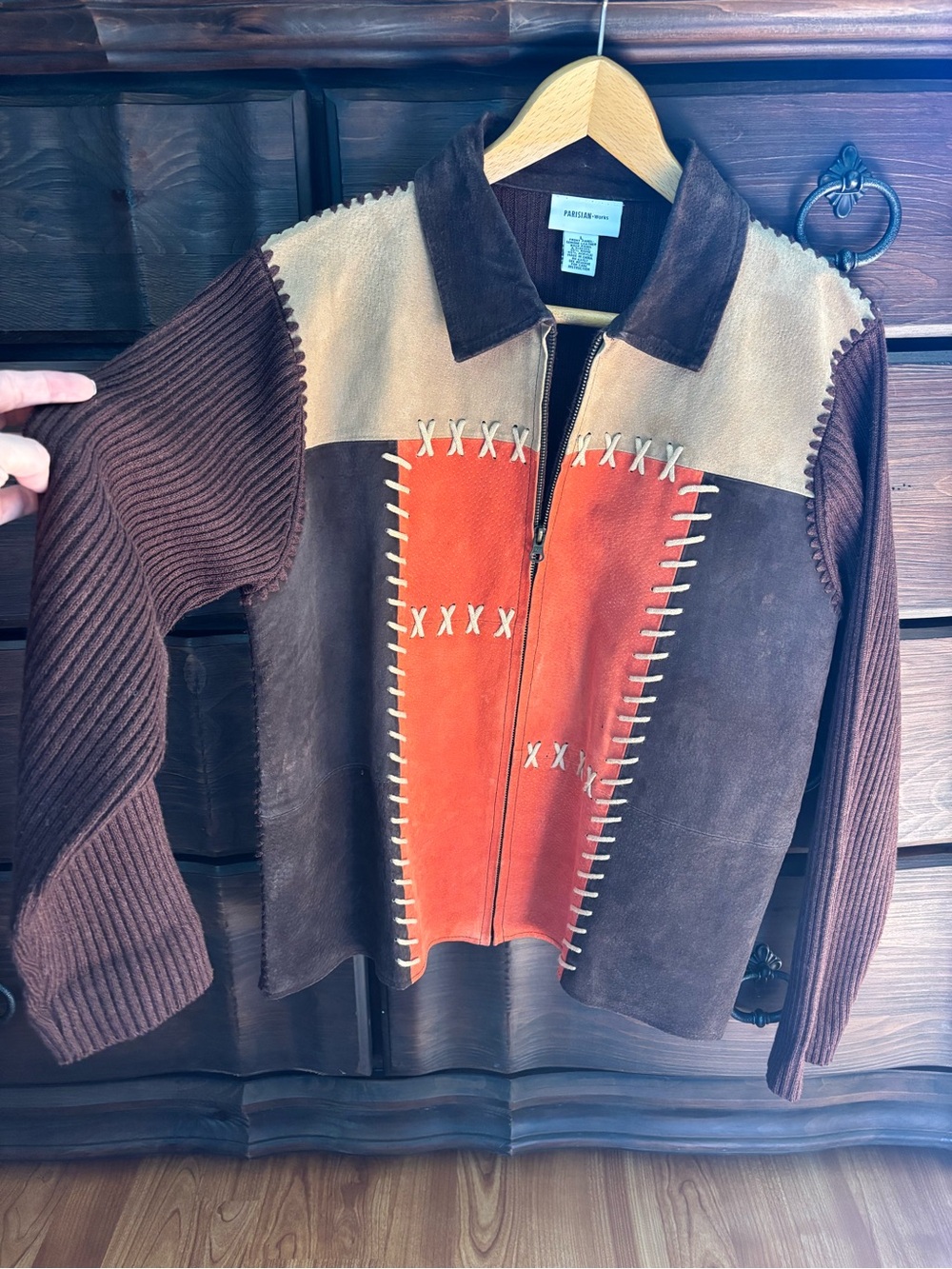 Parisian Works Leather Patchwork Zip Up Jacket, Size Large, Western / Native